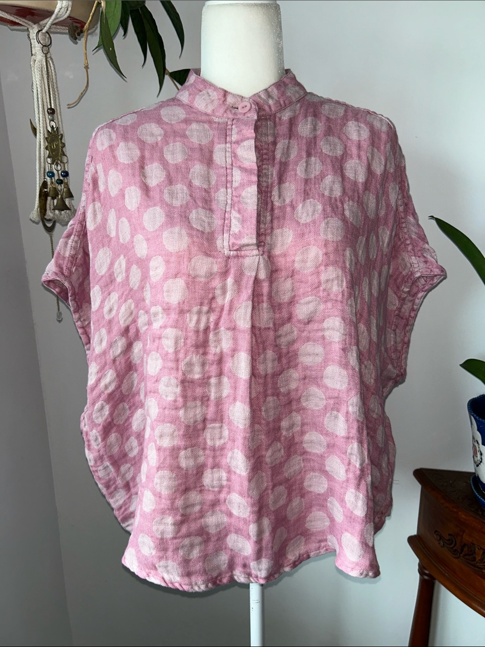 Flax Spartan Blossom Dot Pink Slouchy Wide Short Sleeve Linen Boxy Blouse Top S